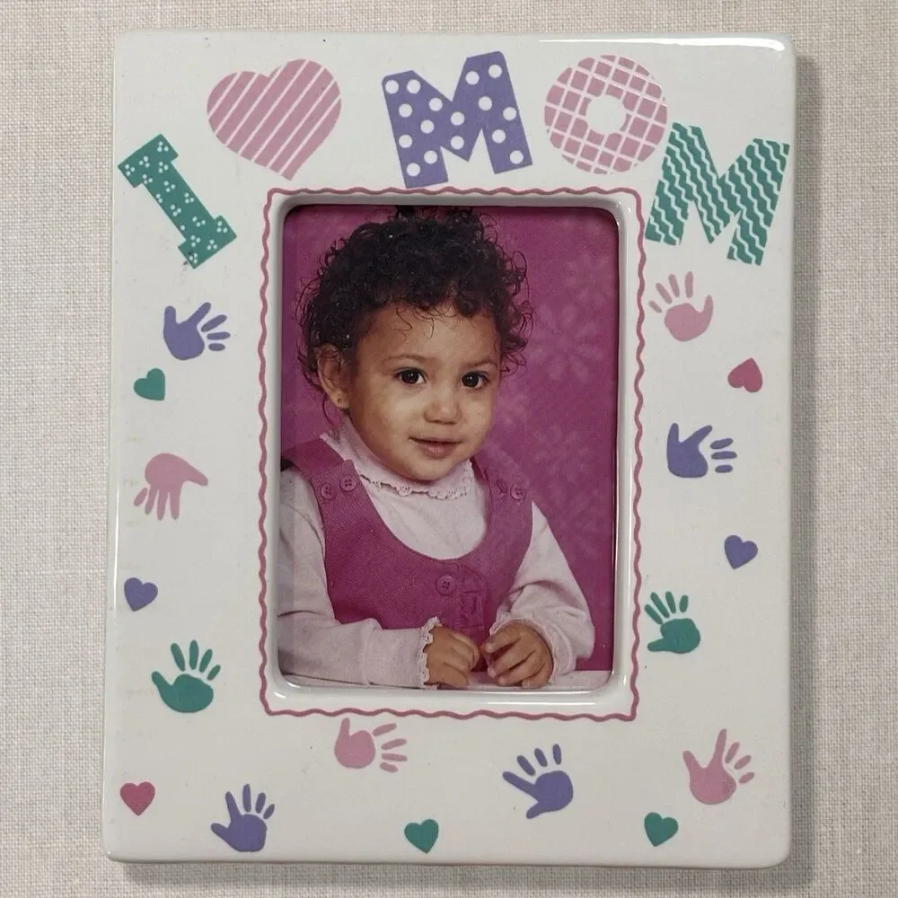 Vintage 1990s I Love Mom Ceramic Picture Frame Magnet 2x3 Photo Holder